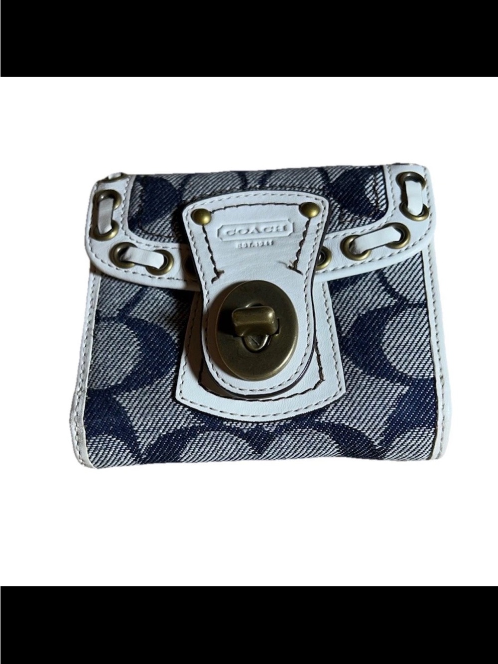 Coach Legacy Bi-Fold Wallet, Signature Denim, White Laced Leather, Brass